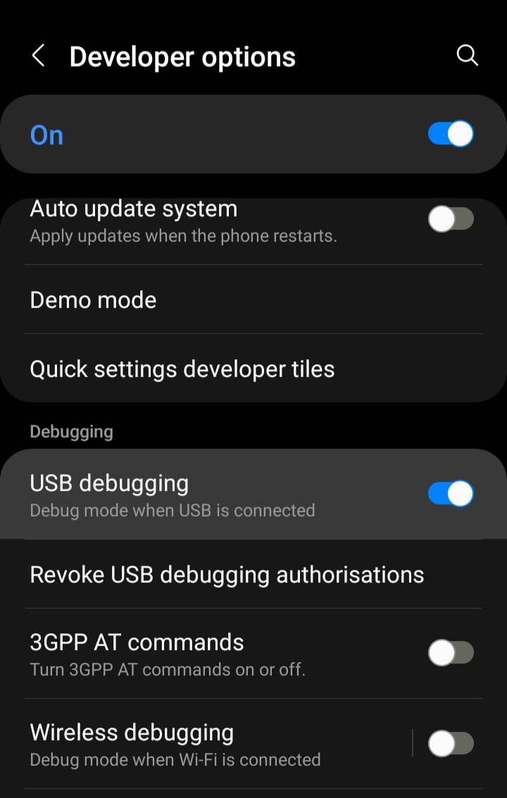 Enable USB debugging toggle in Developer Options