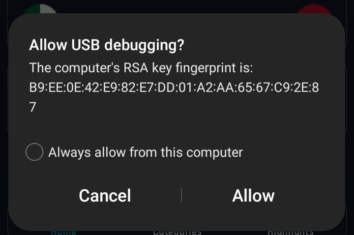 Allow USB debugging prompt on Android screen